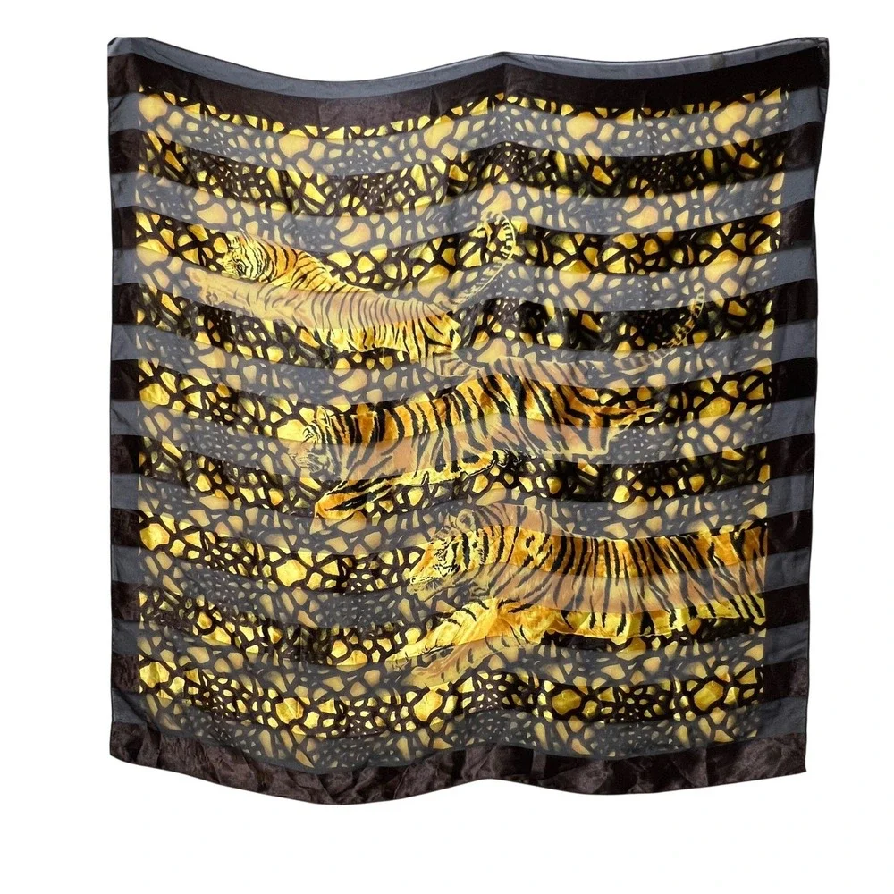 Unbranded Womens Square Scarf Tiger Animal Print 39x39 Brown Gold Sheer Wrap